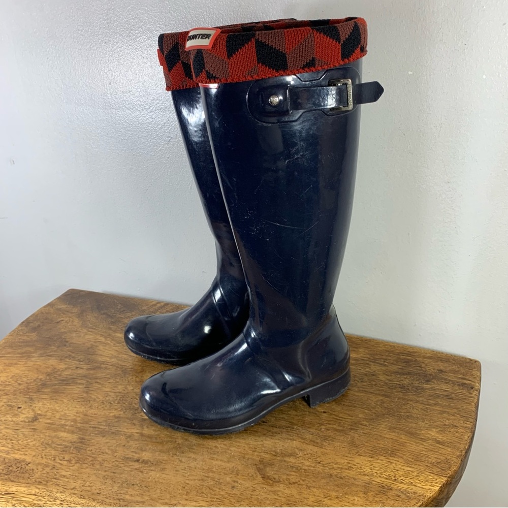Hunter Navy Rain Boots with Red Knit Cuff